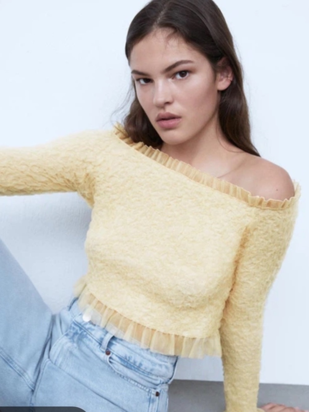 Zara Pale Yellow Off-the-Shoulder Ruffle Trim Sweater